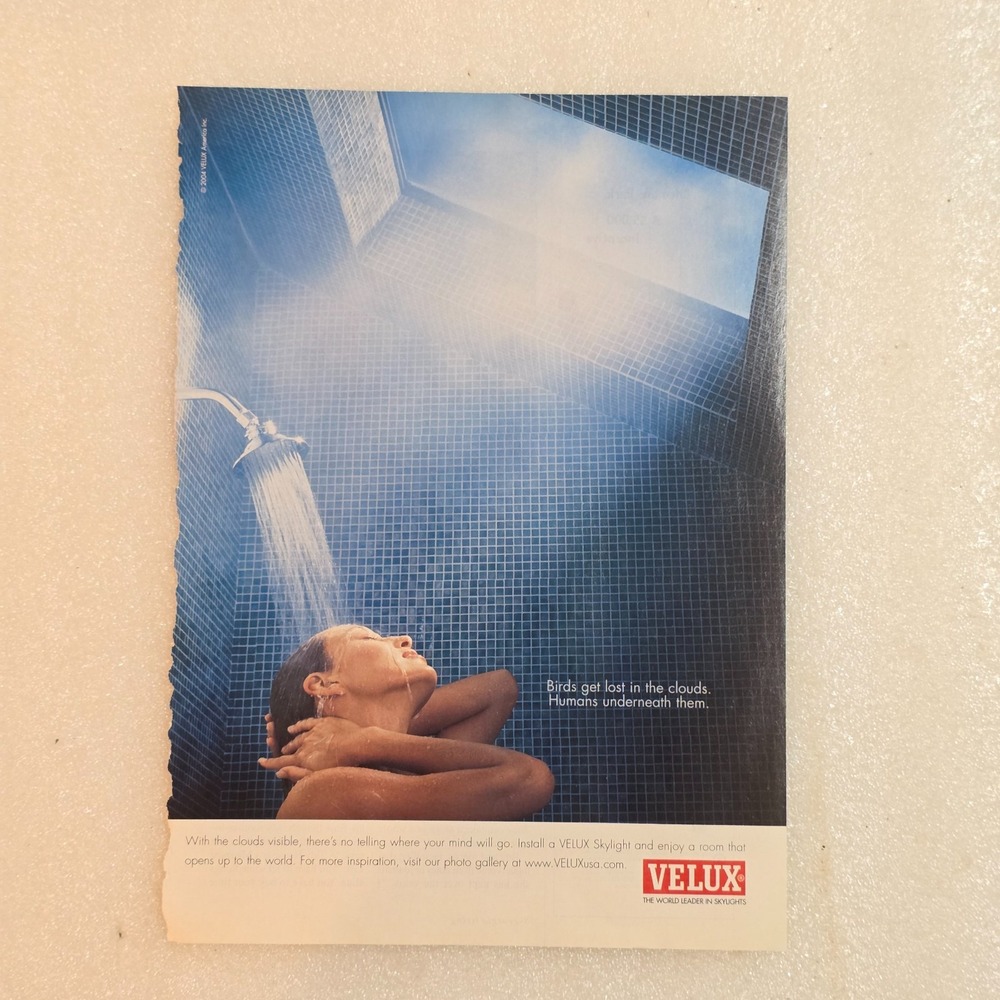 Vintage 2004 Velux Skylight Print Ad Woman Shower 8x10.5 Original Clipping